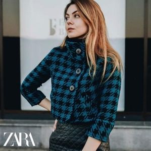 Zara Houndstooth Cropped Blazer Jacket Wool Blend Size Small